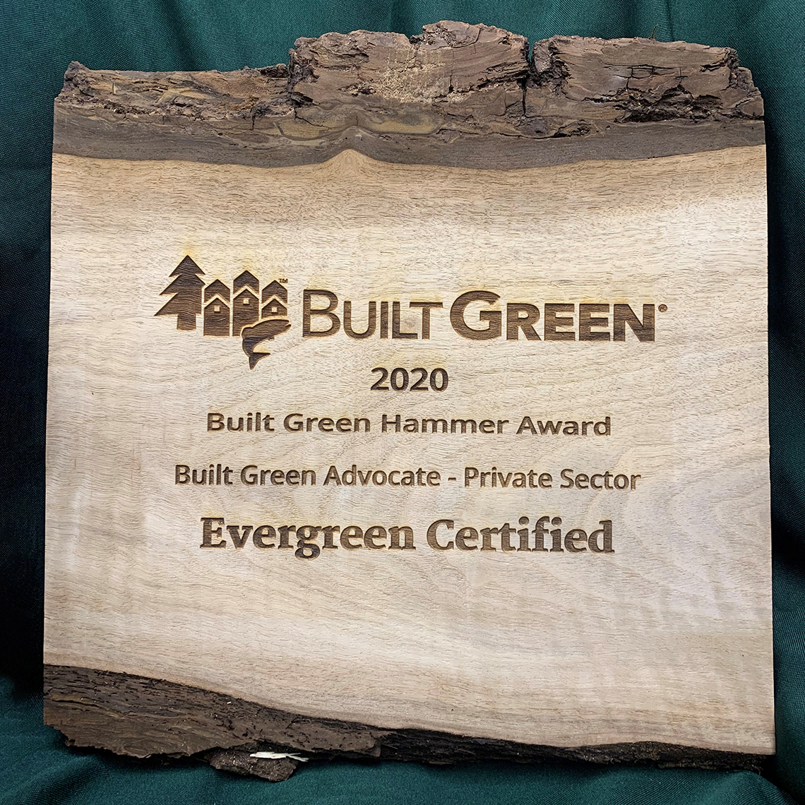 Evergreen Certified 2020 Built Green Hammer Award plaque