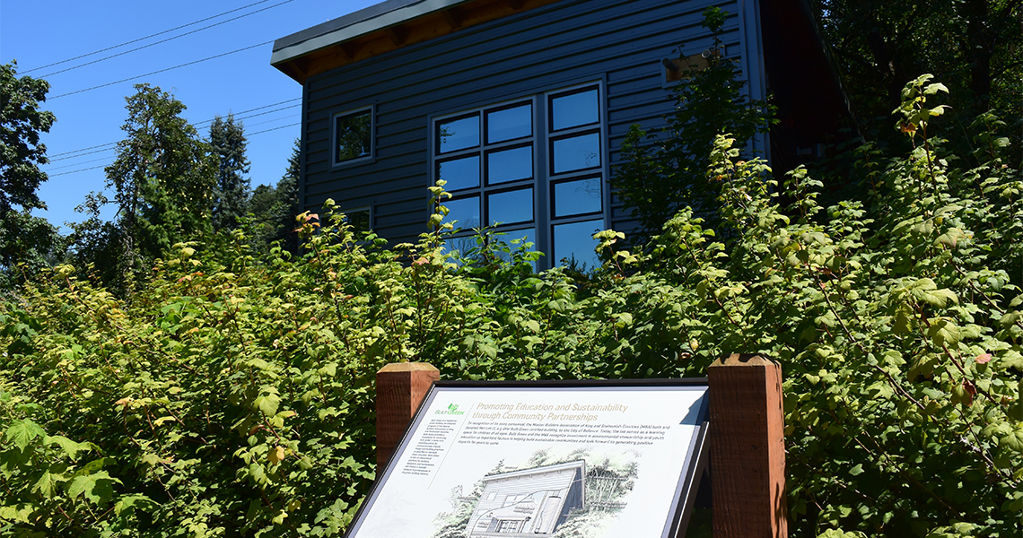 Built Green house with informational sign