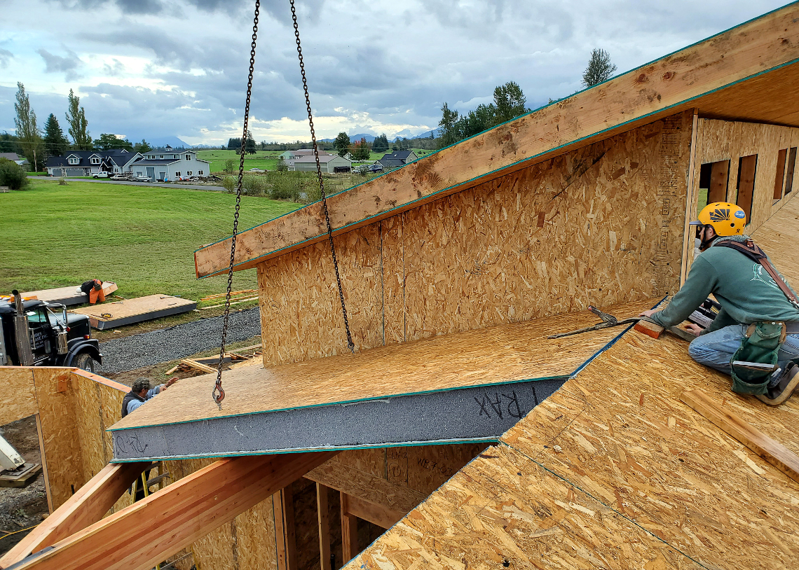 TC Legend Everson Net-Positive home under construction—SIP roof, photo credit Zigzag Mountain Art