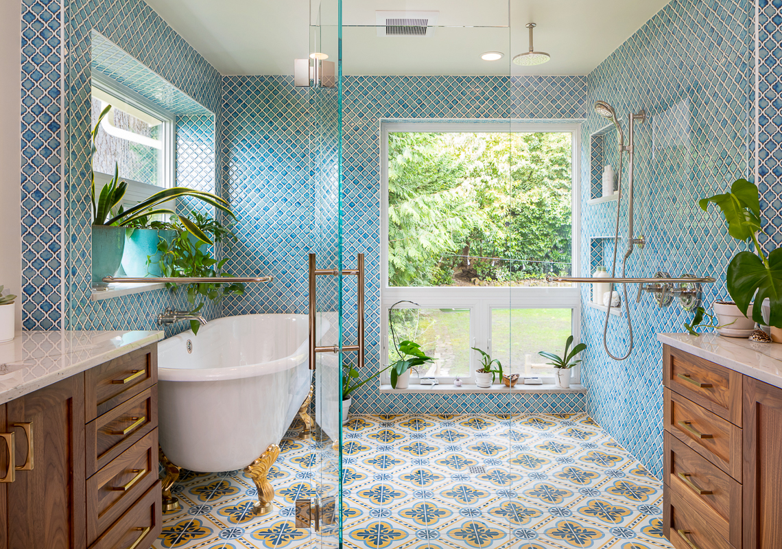 Model Remodel's Mediterranean transformation of a Midcentury Modern, bathroom